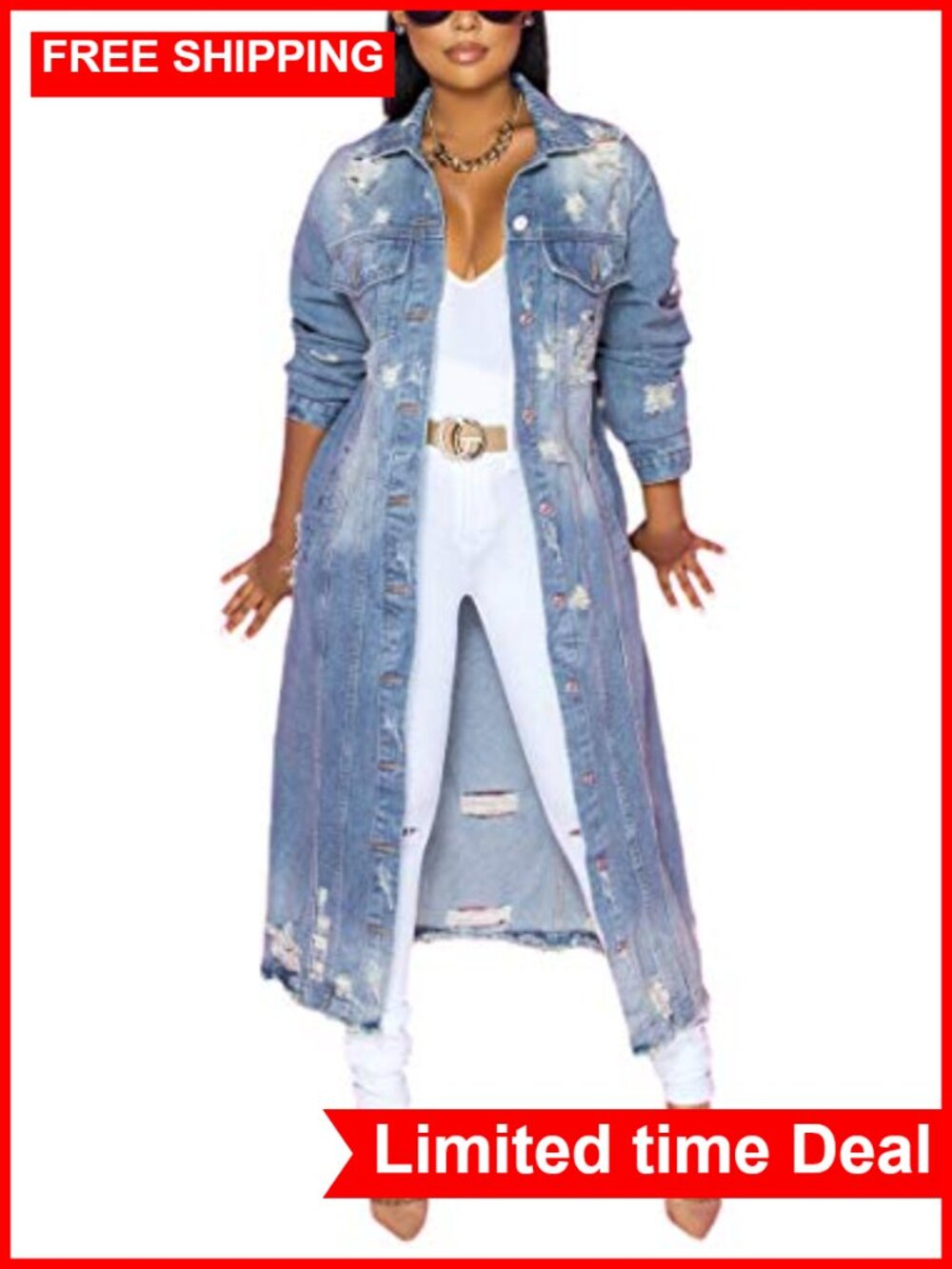 Ripped Holes Maxi Long Denim Jacket Trench Coat Button Front Frayed Hem